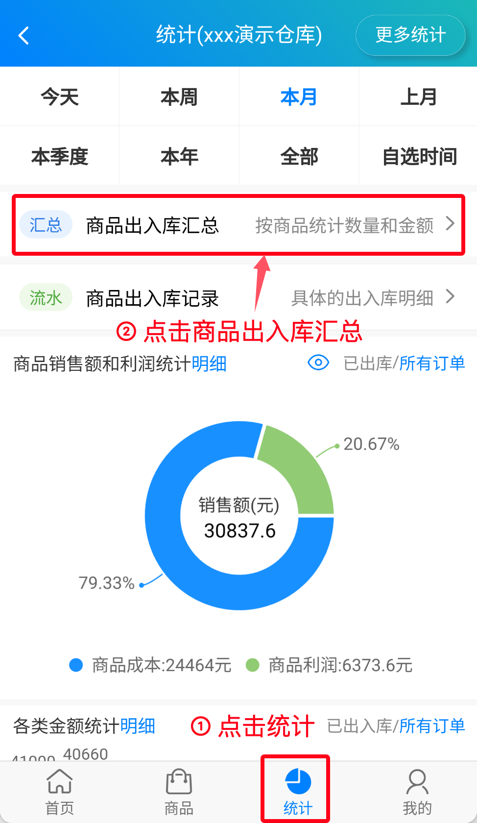 步骤 1：点击商品出入库汇总