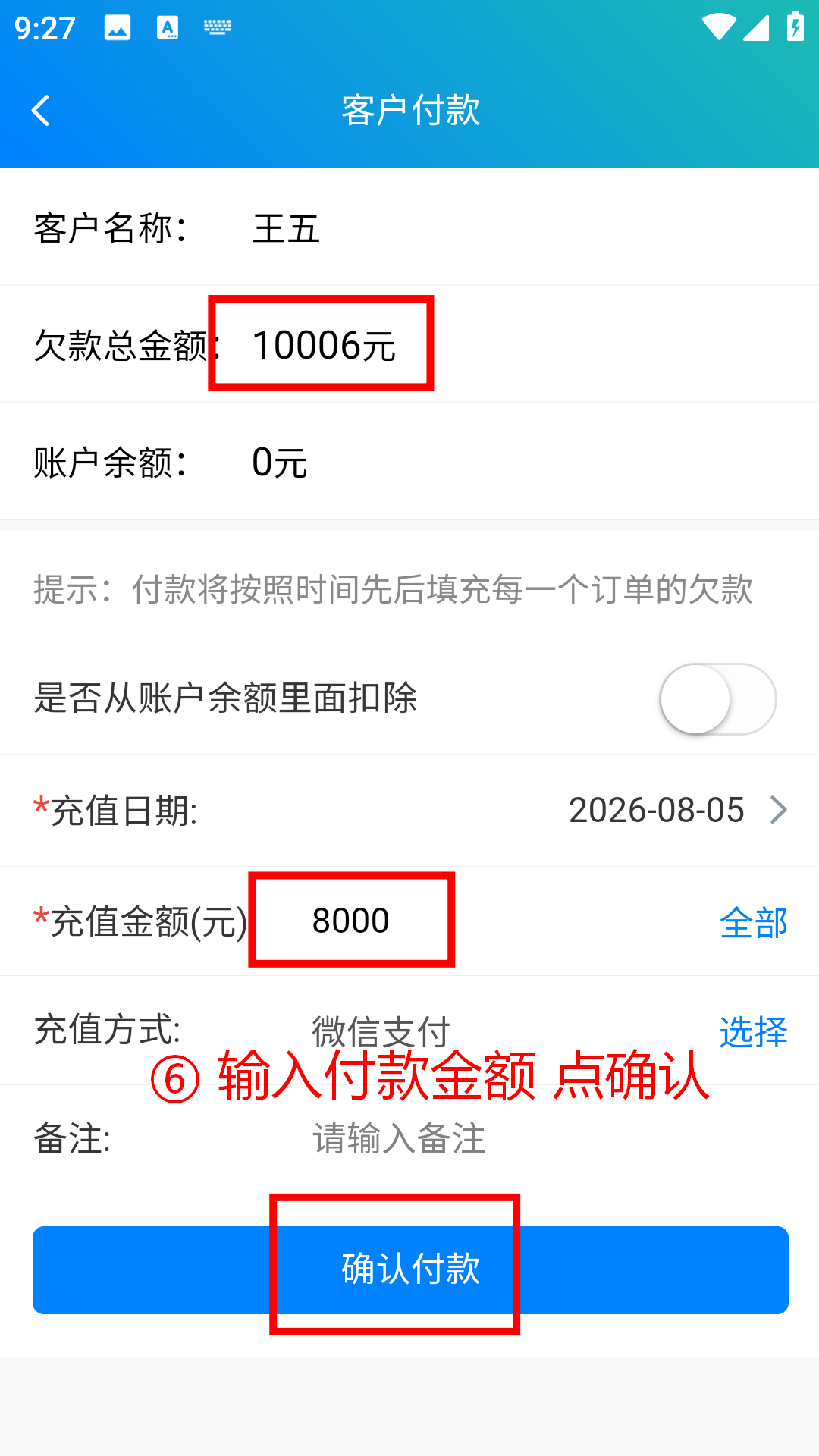 步骤 6：输入付款金额并确认