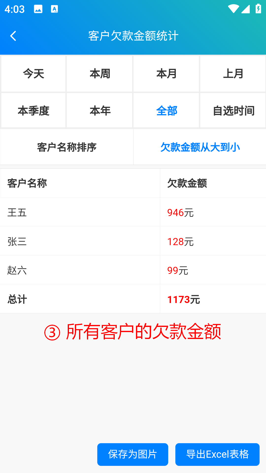 步骤 3：所有客户的欠款金额