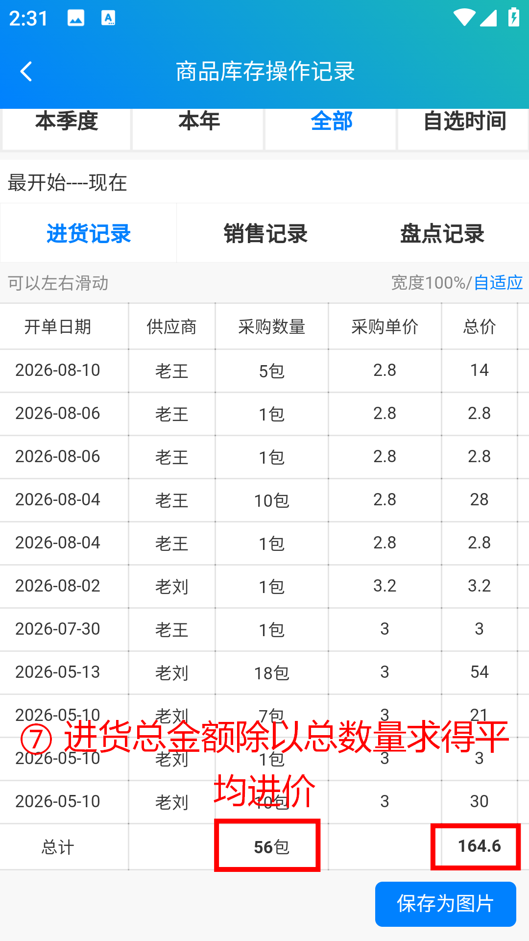 步骤 7：进货总金额除以总数量得到平均进价