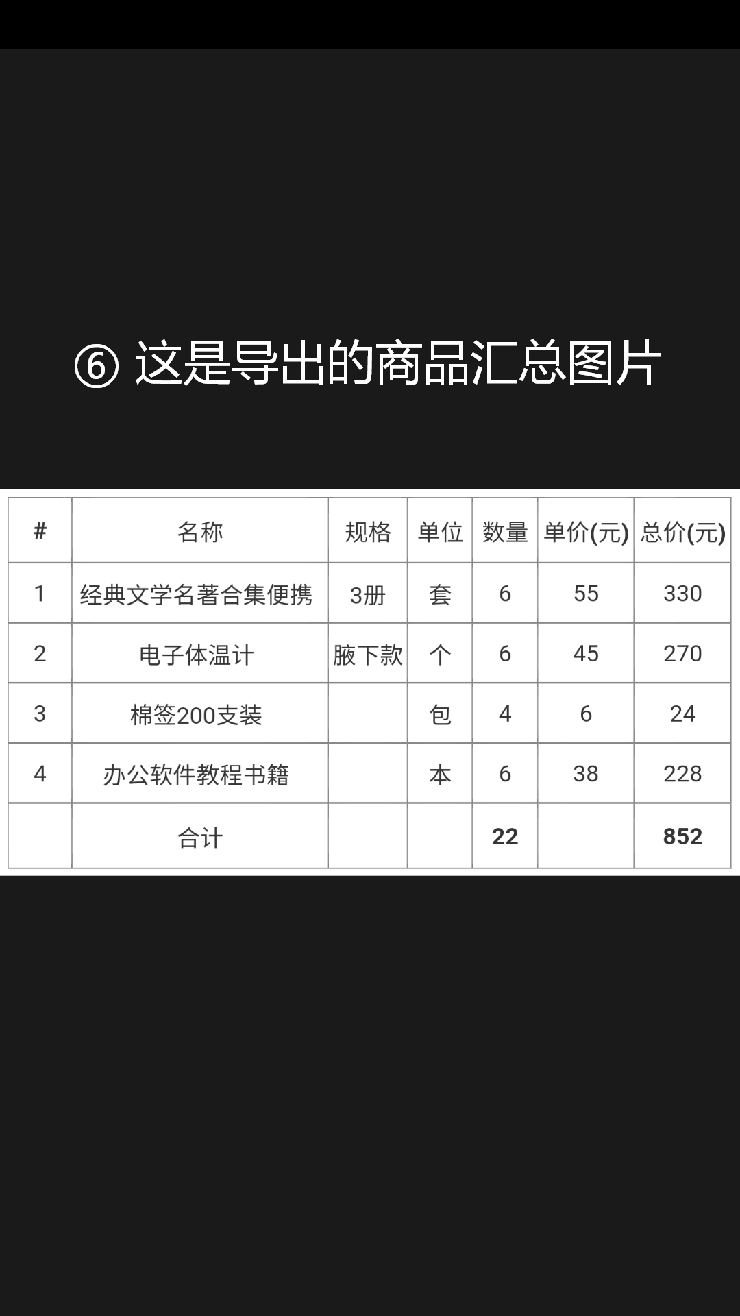 步骤 6：这是导出的商品汇总图片